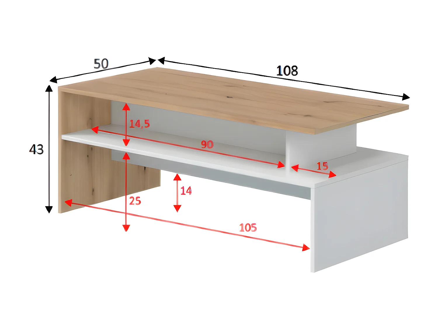 Table basse coloris blanc artic, chêne nordique  - longueur 108 x hauteur 43 x profondeur  50 cm