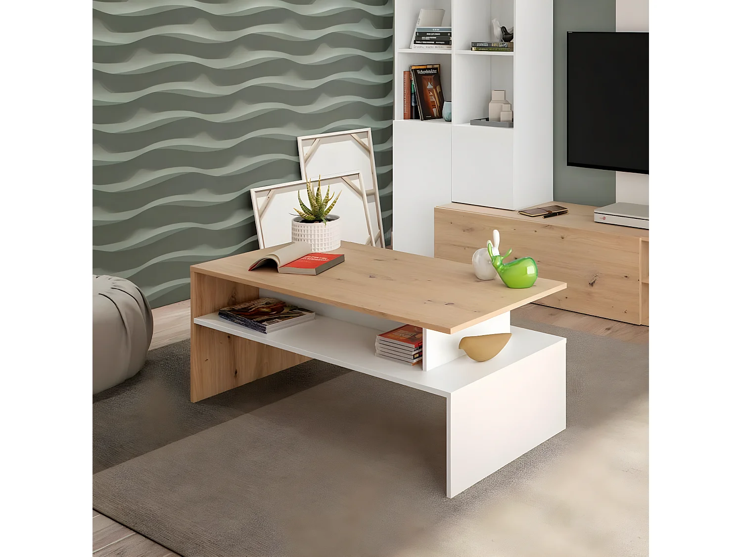 Table basse coloris blanc artic, chêne nordique  - longueur 108 x hauteur 43 x profondeur  50 cm
