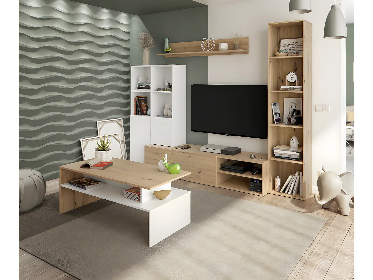 Table basse coloris blanc artic, chêne nordique  - longueur 108 x hauteur 43 x profondeur  50 cm