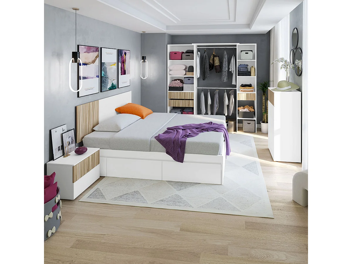 Chiffonnier, meuble de rangement  avec 5 tiroirs coloris blanc artic, naturel  - longueur 61 x hauteur 109 x profondeur 40 cm