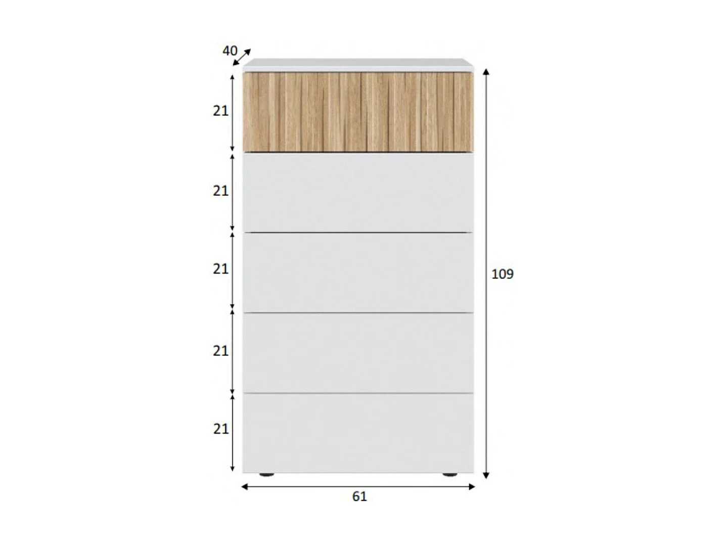 Chiffonnier, meuble de rangement  avec 5 tiroirs coloris blanc artic, naturel  - longueur 61 x hauteur 109 x profondeur 40 cm