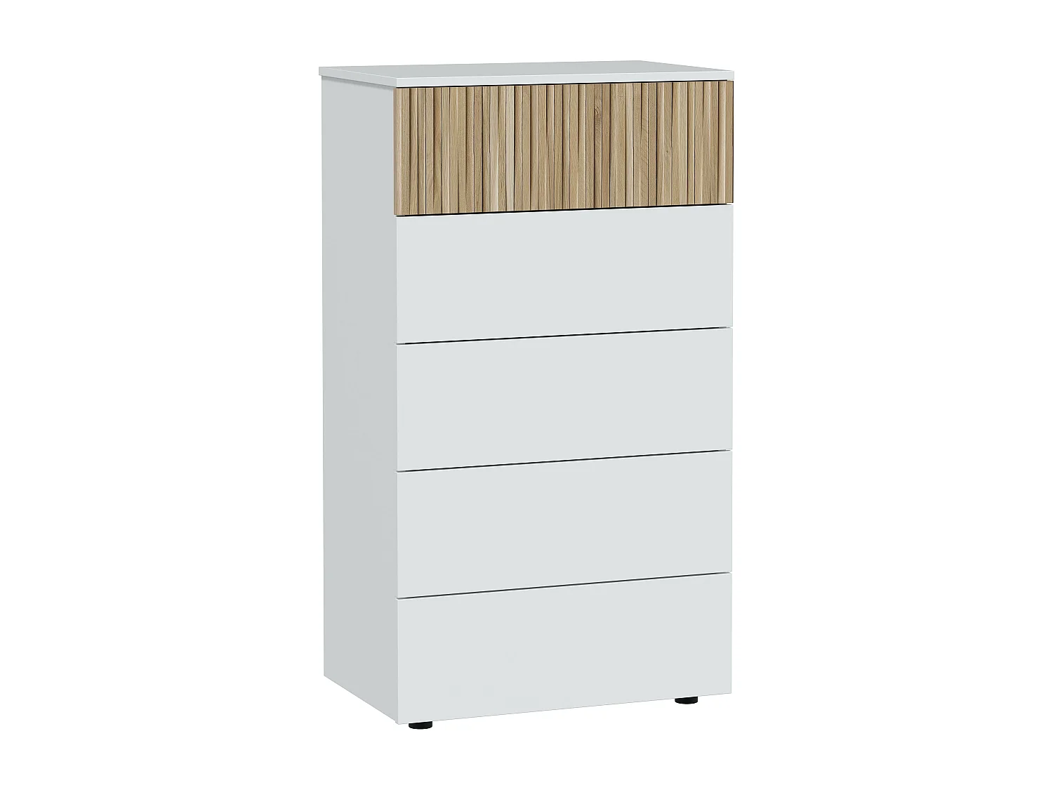 Chiffonnier, meuble de rangement  avec 5 tiroirs coloris blanc artic, naturel  - longueur 61 x hauteur 109 x profondeur 40 cm