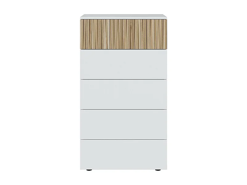 Chiffonnier, meuble de rangement  avec 5 tiroirs coloris blanc artic, naturel  - longueur 61 x hauteur 109 x profondeur 40 cm