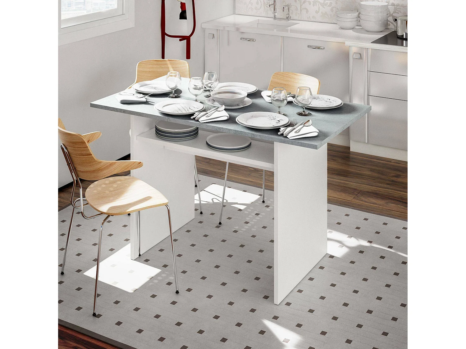 Table extensible Ddiaz, Etagère extensible avec ouverture rabattable, Table console d'appoint pliante, 120x35h77 cm, Blanc et Ciment