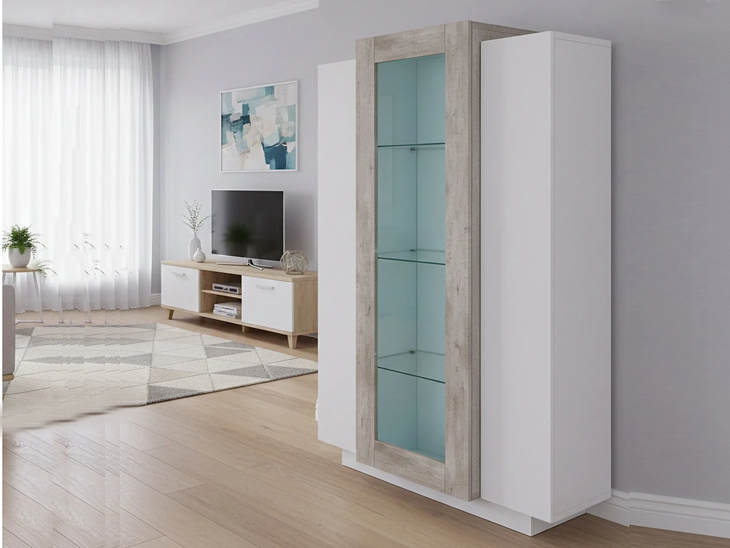 Vitrine Dfrutt, Buffet à trois portes, Meuble de salon polyvalent, 100% Made in Italy, 80x38h121 cm, Blanc brillant et ciment