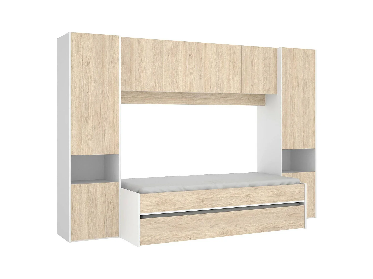 Lit enfant Dmra, Chambre complète avec armoire bridge et commode, Composition avec lit et lit simple extractible, 303x97h203 cm, Chêne et Blanc
