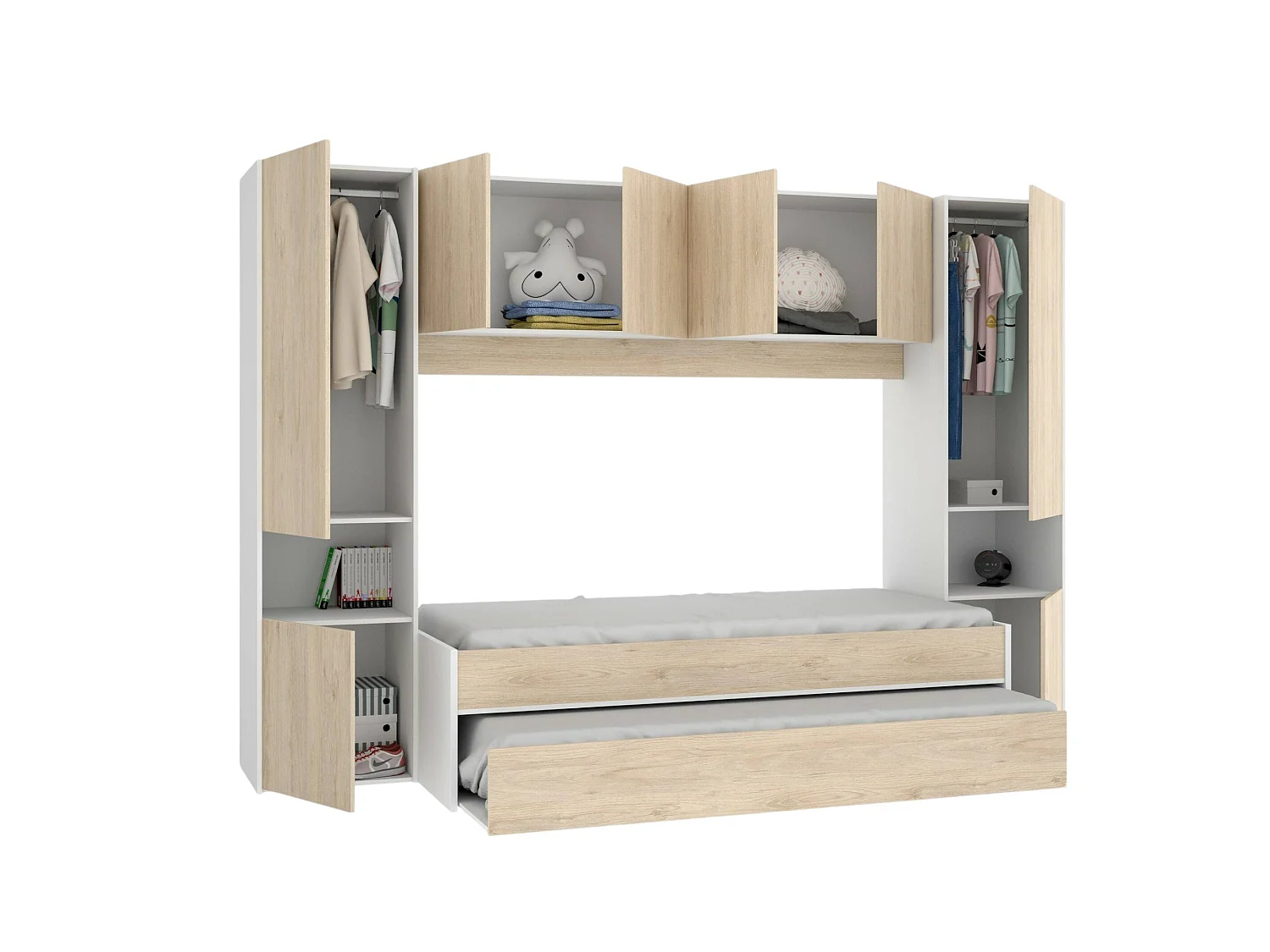 Kinderbett Dmra, Komplettes Schlafzimmer mit Bridge-Kleiderschrank und Kommode, Komposition mit Bett und Einzelausziehbett, 303 x 97 x 203 cm, Eiche und WeiÃŸ