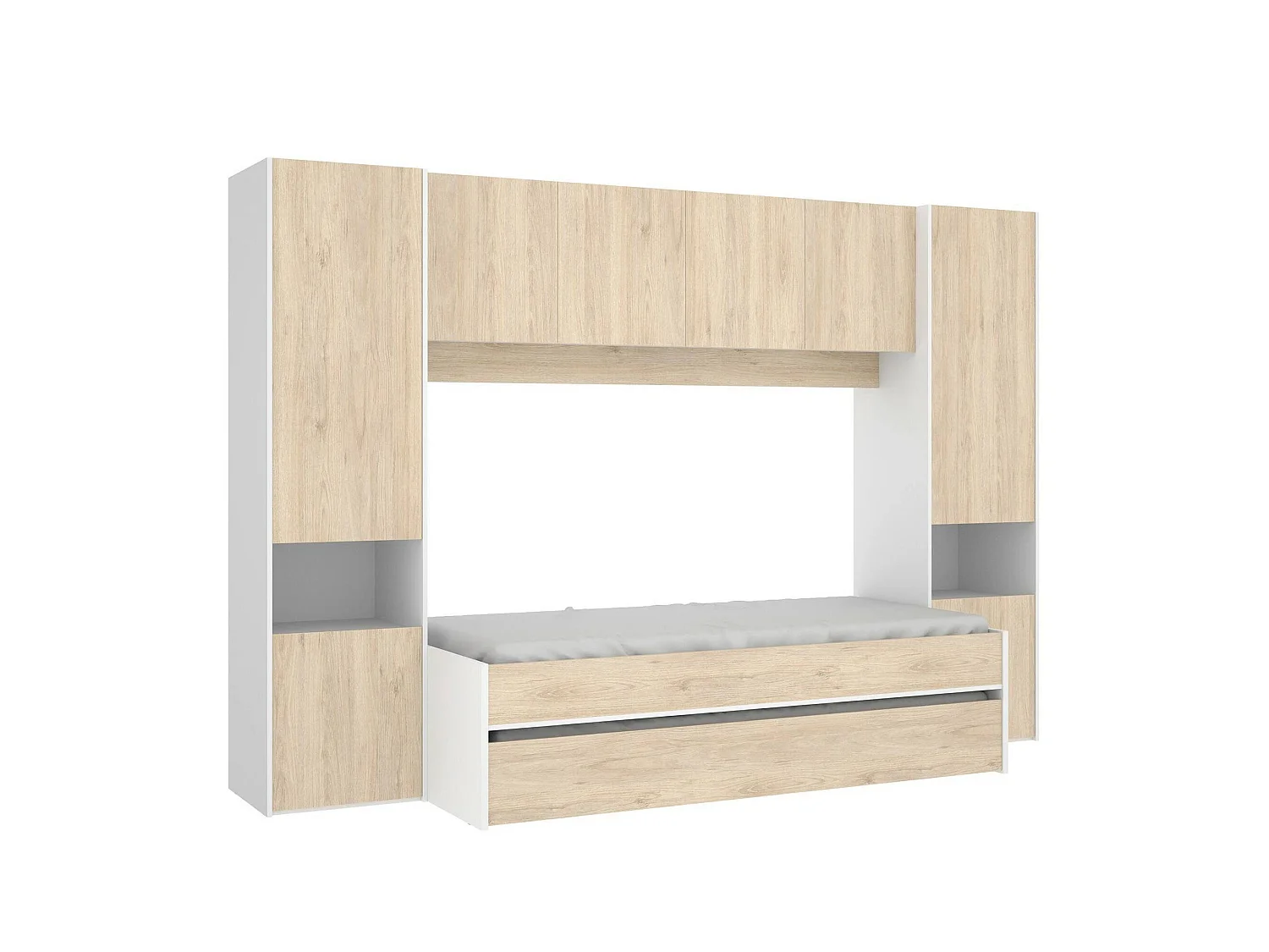 Kinderbett Dmra, Komplettes Schlafzimmer mit Bridge-Kleiderschrank und Kommode, Komposition mit Bett und Einzelausziehbett, 303 x 97 x 203 cm, Eiche und WeiÃŸ