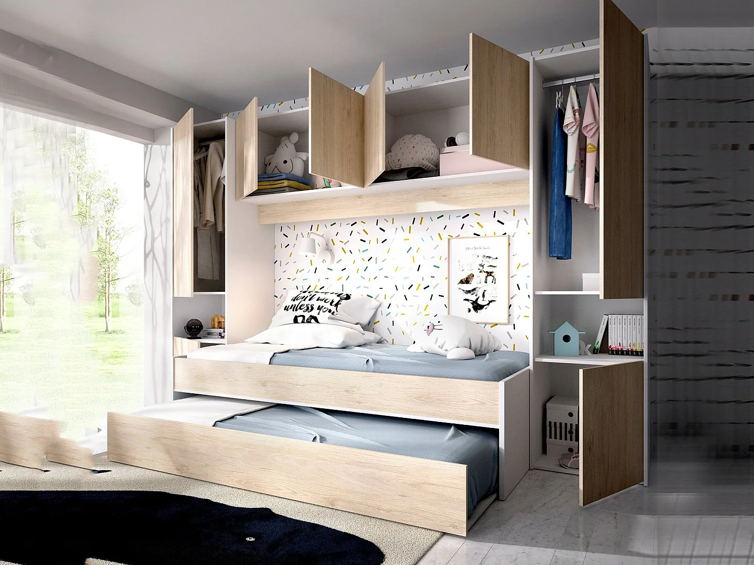 Kinderbett Dmra, Komplettes Schlafzimmer mit Bridge-Kleiderschrank und Kommode, Komposition mit Bett und Einzelausziehbett, 303 x 97 x 203 cm, Eiche und WeiÃŸ