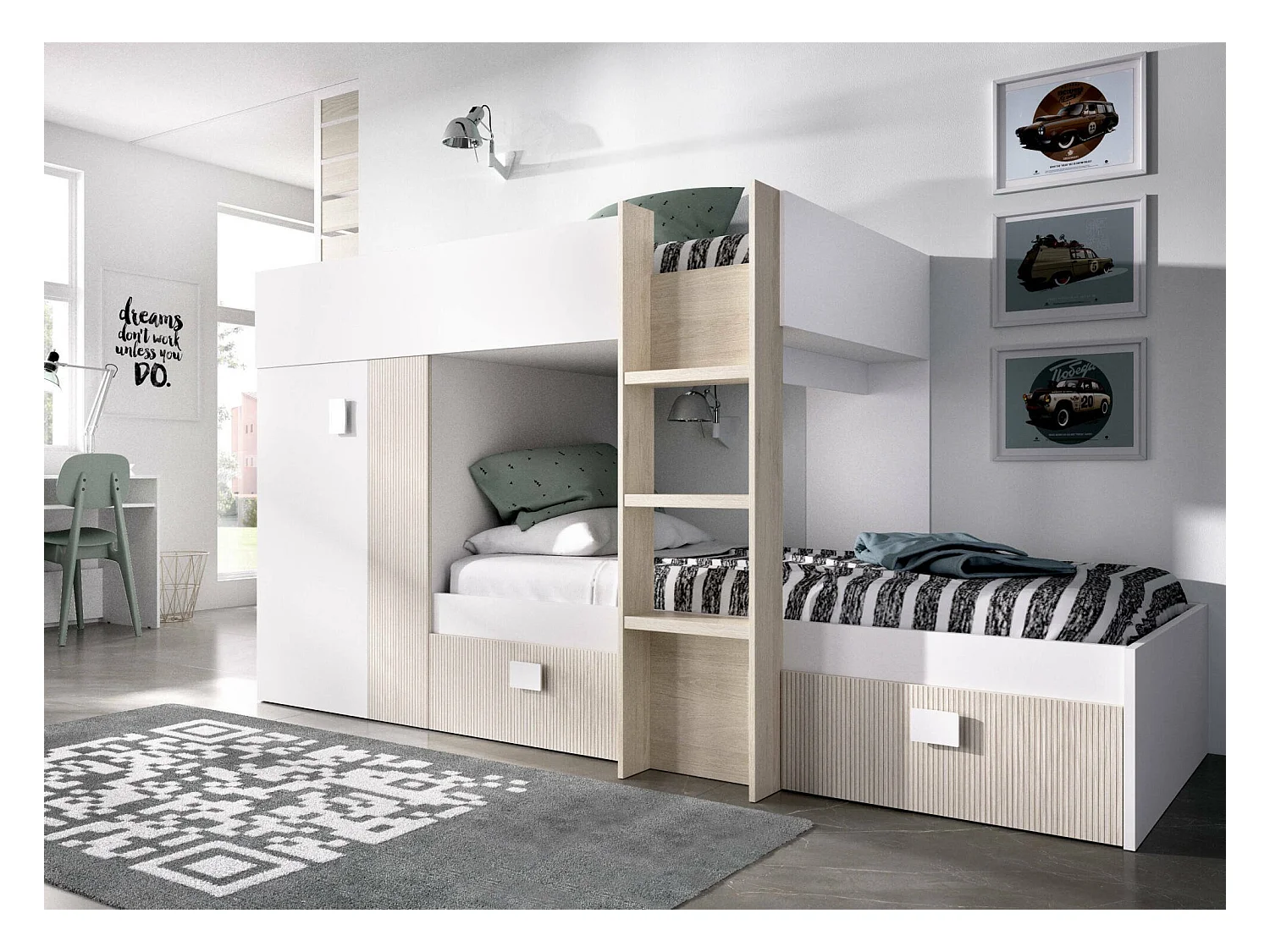 Lit enfant Dbajram, Chambre complète avec armoire et tiroirs, Composition de lits superposés avec deux lits simples, 271x111h150 cm, Blanc et Chêne