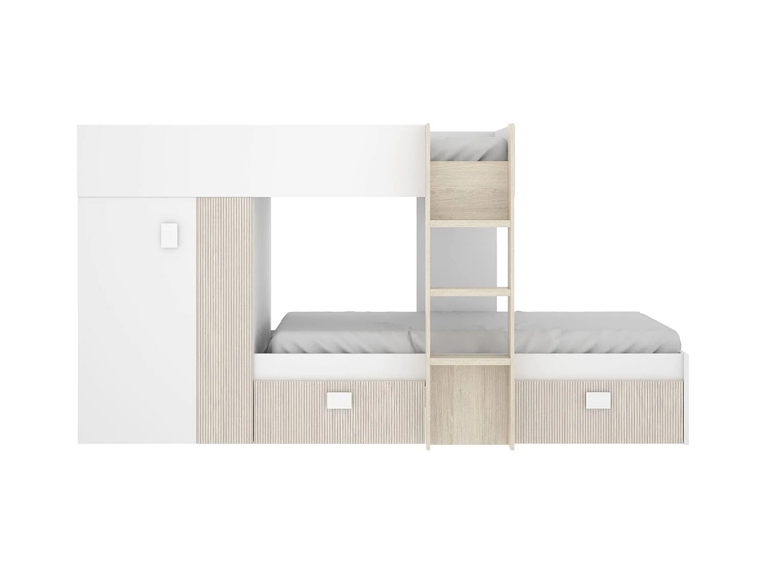 Lit enfant Dbajram, Chambre complète avec armoire et tiroirs, Composition de lits superposés avec deux lits simples, 271x111h150 cm, Blanc et Chêne