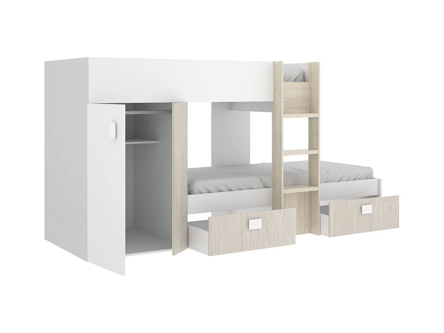 Lit enfant Dbajram, Chambre complète avec armoire et tiroirs, Composition de lits superposés avec deux lits simples, 271x111h150 cm, Blanc et Chêne