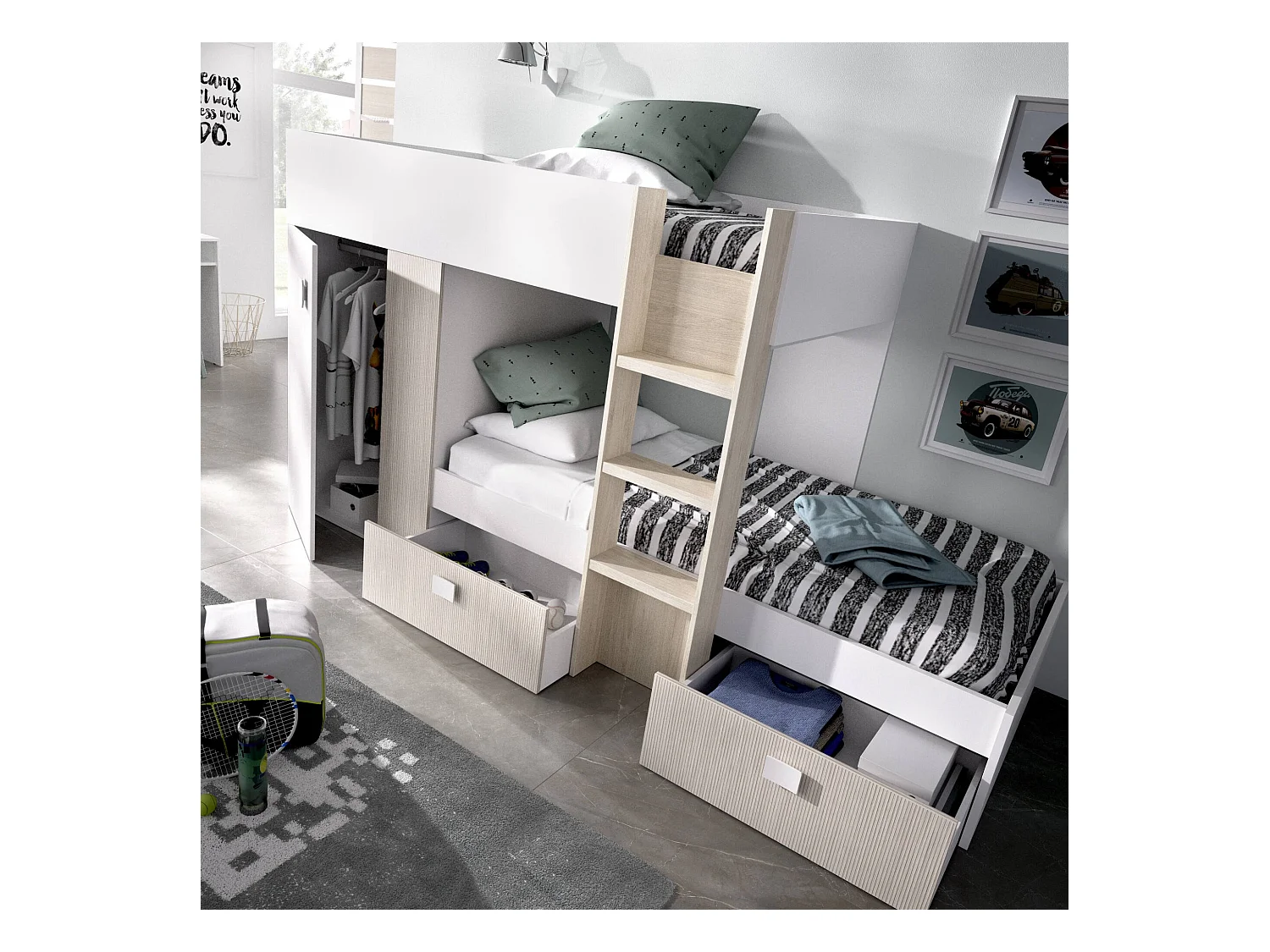 Lit enfant Dbajram, Chambre complète avec armoire et tiroirs, Composition de lits superposés avec deux lits simples, 271x111h150 cm, Blanc et Chêne
