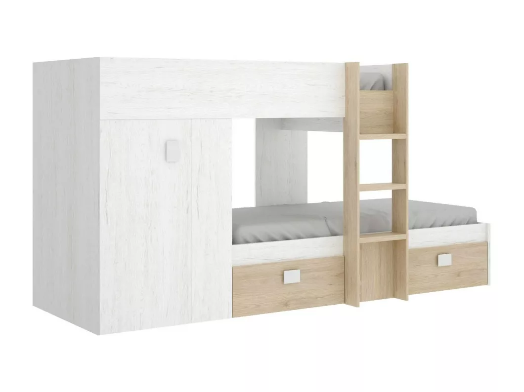 Kauf Unique Kinderbett Dbajram, komplettes Schlafzimmer mit Kleiderschrank und Schubladen, Etagenbettkomposition mit zwei Einzelbetten, 271 x 111 x 150 cm, Weiß und Eiche