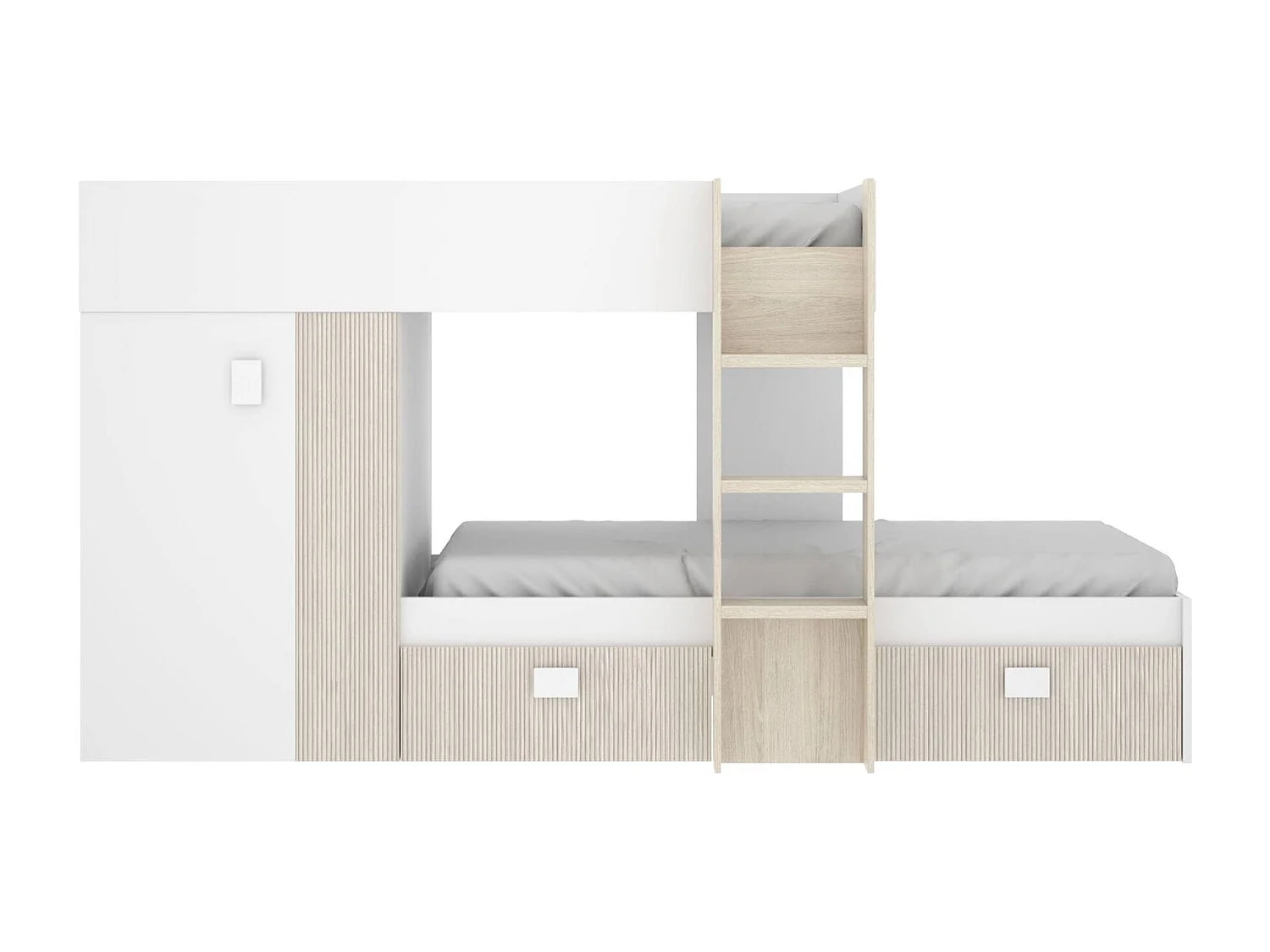 Dbajram kinderbed, Complete slaapkamer met kledingkast en laden, Stapelbedsamenstelling met twee eenpersoonsbedden, 271x111h150 cm, Wit en Eiken