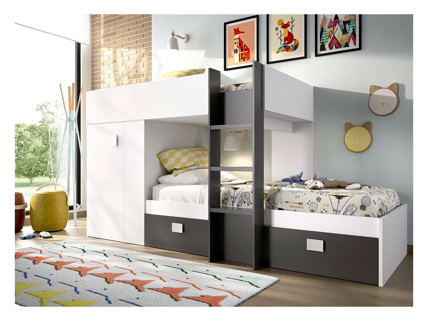 Lit enfant Dbajram, Chambre complète avec armoire et tiroirs, Composition de lits superposés avec deux lits simples, 271x111h150 cm, Blanc et Anthracite