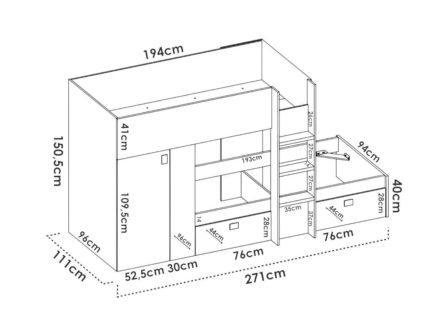 Lit enfant Dbajram, Chambre complète avec armoire et tiroirs, Composition de lits superposés avec deux lits simples, 271x111h150 cm, Blanc et Anthracite
