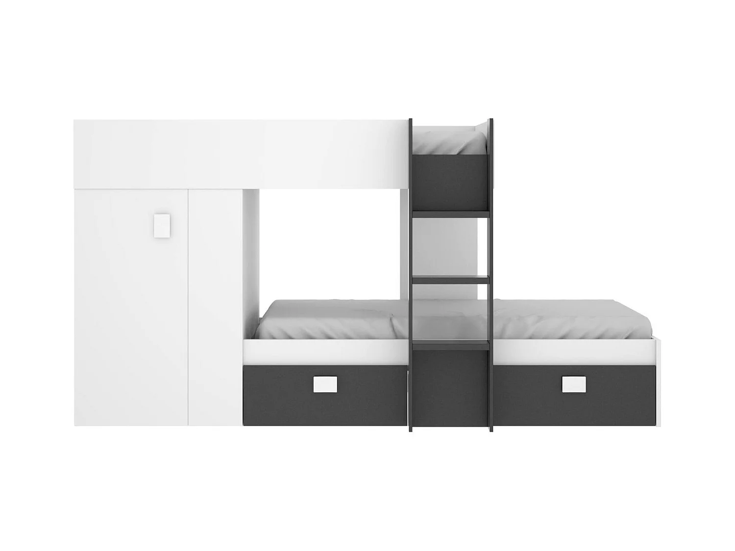Lit enfant Dbajram, Chambre complète avec armoire et tiroirs, Composition de lits superposés avec deux lits simples, 271x111h150 cm, Blanc et Anthracite