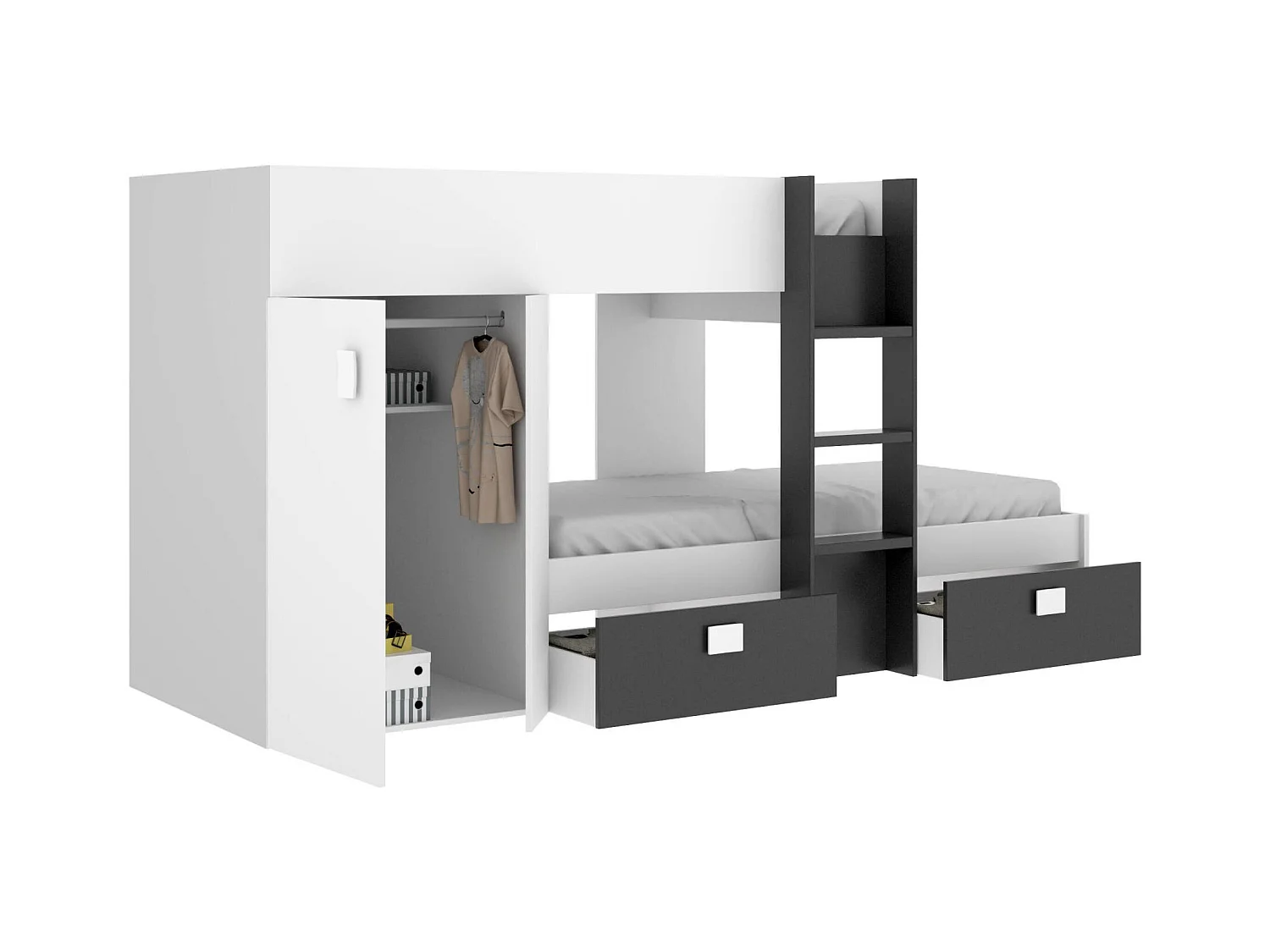 Lit enfant Dbajram, Chambre complète avec armoire et tiroirs, Composition de lits superposés avec deux lits simples, 271x111h150 cm, Blanc et Anthracite