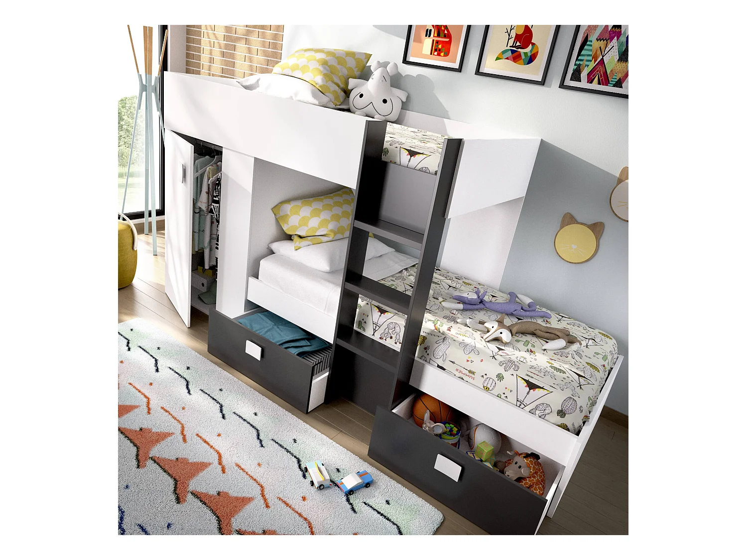 Lit enfant Dbajram, Chambre complète avec armoire et tiroirs, Composition de lits superposés avec deux lits simples, 271x111h150 cm, Blanc et Anthracite