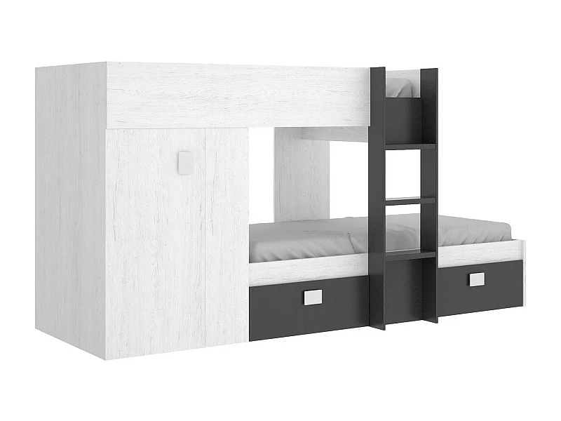 Lit enfant Dbajram, Chambre complète avec armoire et tiroirs, Composition de lits superposés avec deux lits simples, 271x111h150 cm, Blanc et Anthracite