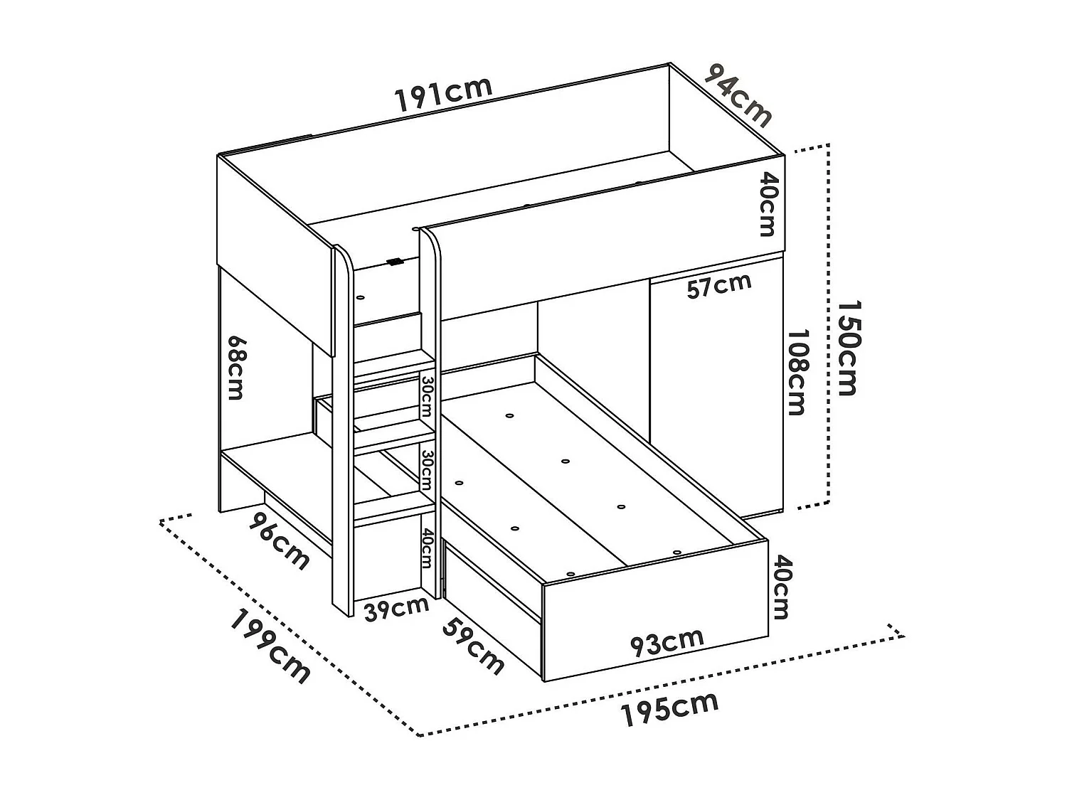Dguerci kinderbed, Complete slaapkamer met kledingkast en laden, Stapelbedsamenstelling met twee eenpersoonsbedden, 255x112h150 cm, Eiken en Antraciet