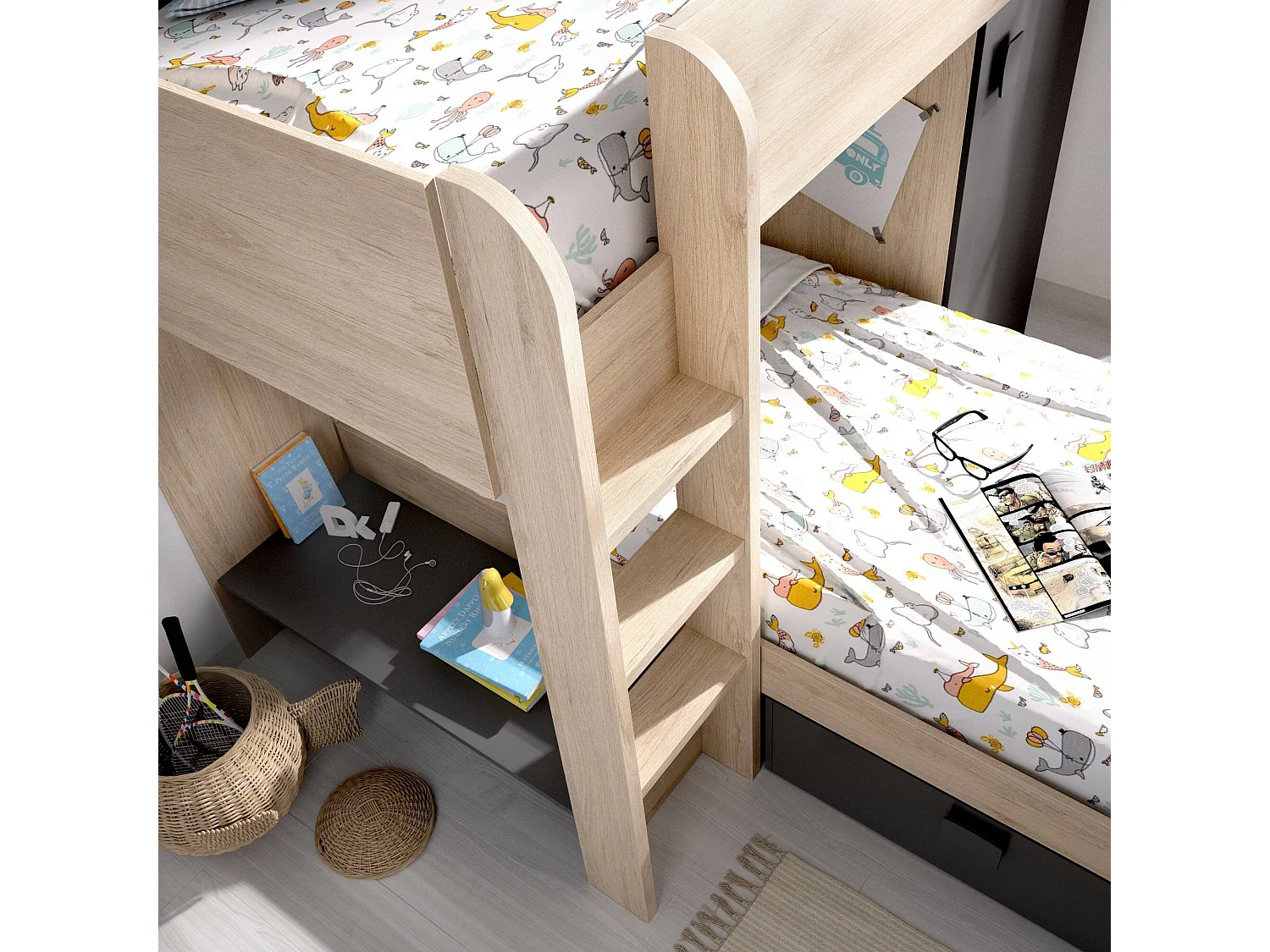 Dguerci kinderbed, Complete slaapkamer met kledingkast en laden, Stapelbedsamenstelling met twee eenpersoonsbedden, 255x112h150 cm, Eiken en Antraciet