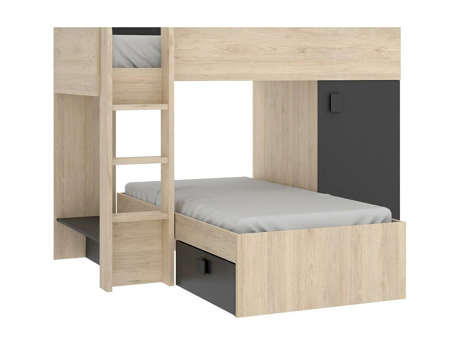 Dguerci kinderbed, Complete slaapkamer met kledingkast en laden, Stapelbedsamenstelling met twee eenpersoonsbedden, 255x112h150 cm, Eiken en Antraciet