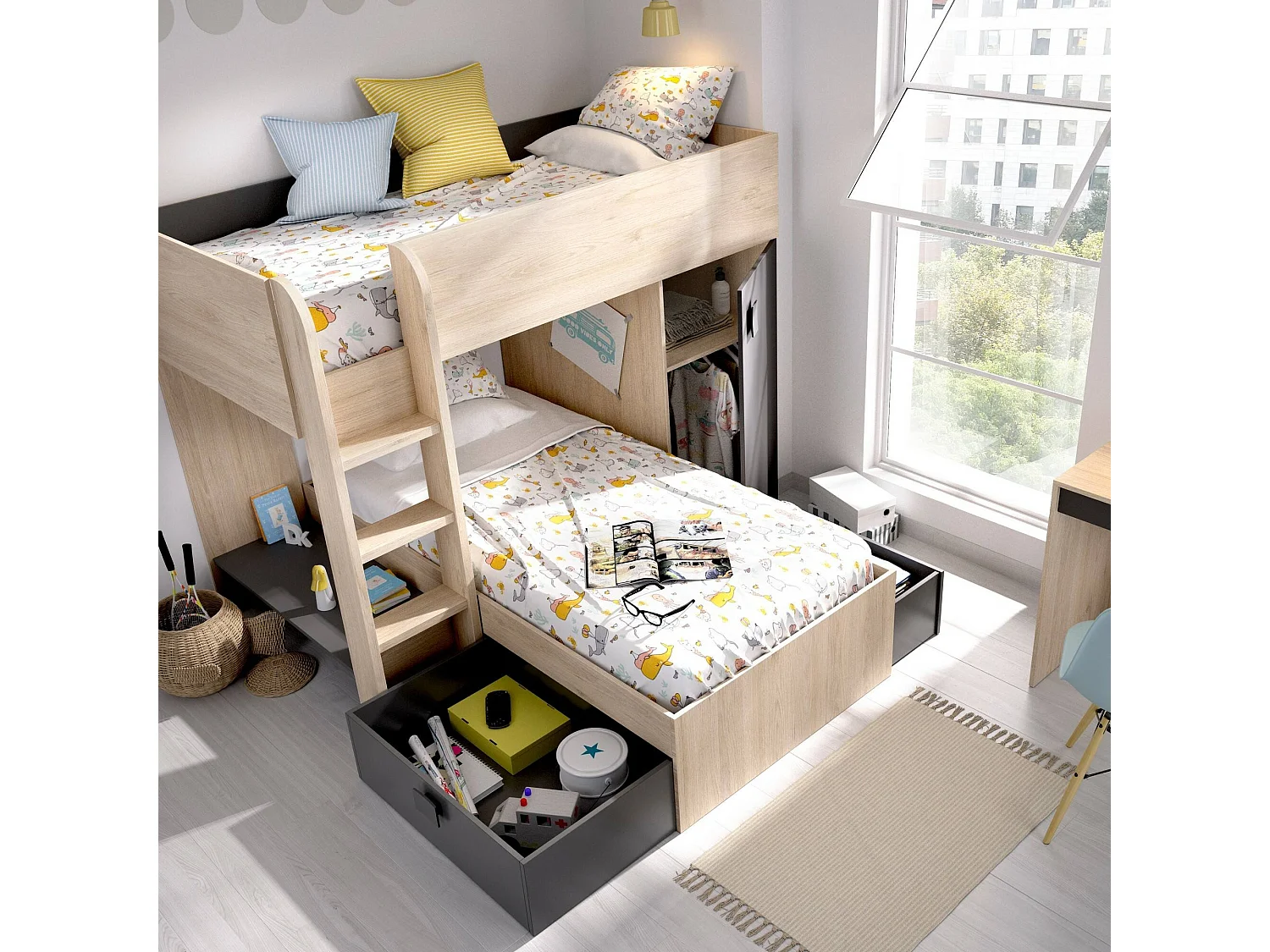 Dguerci kinderbed, Complete slaapkamer met kledingkast en laden, Stapelbedsamenstelling met twee eenpersoonsbedden, 255x112h150 cm, Eiken en Antraciet