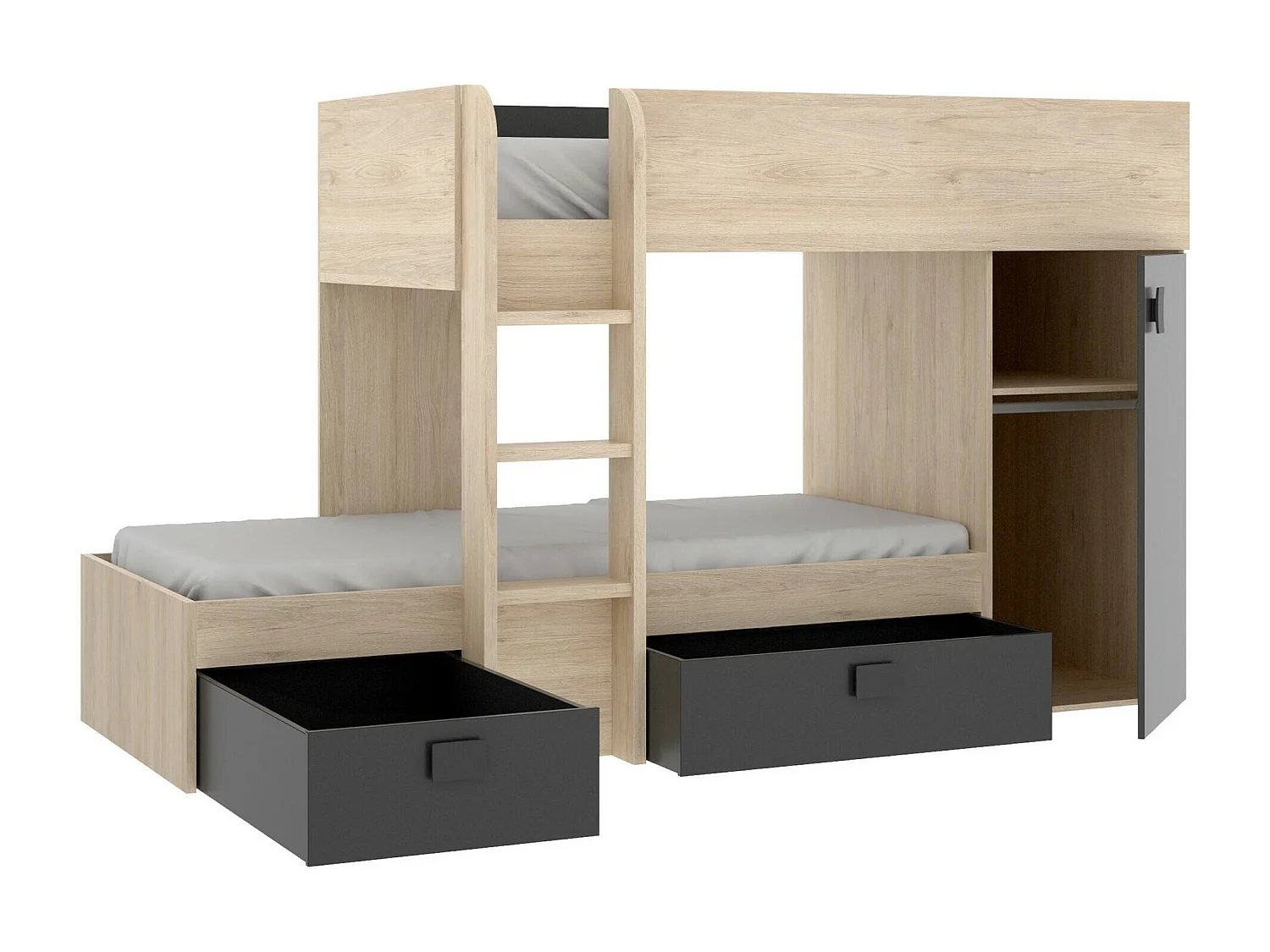 Lit enfant Dguerci, Chambre complète avec armoire et tiroirs, Composition de lits superposés avec deux lits simples, 255x112h150 cm, Chêne et Anthracite