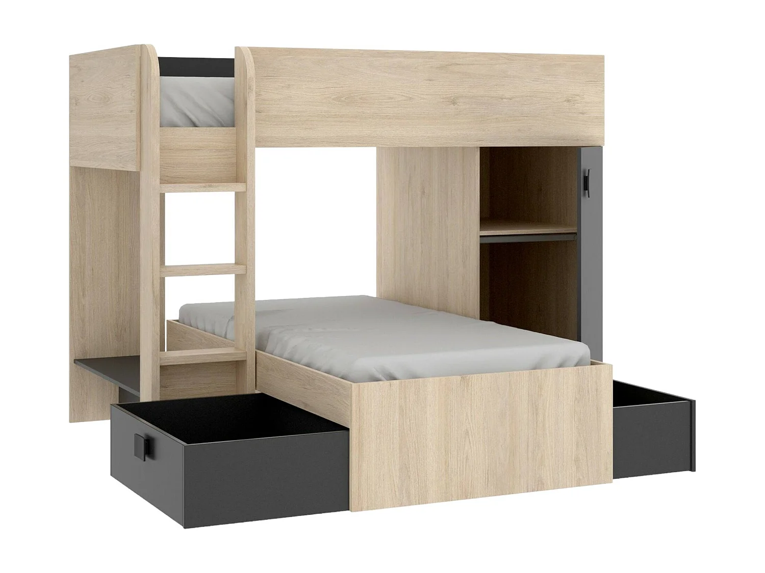 Dguerci kinderbed, Complete slaapkamer met kledingkast en laden, Stapelbedsamenstelling met twee eenpersoonsbedden, 255x112h150 cm, Eiken en Antraciet