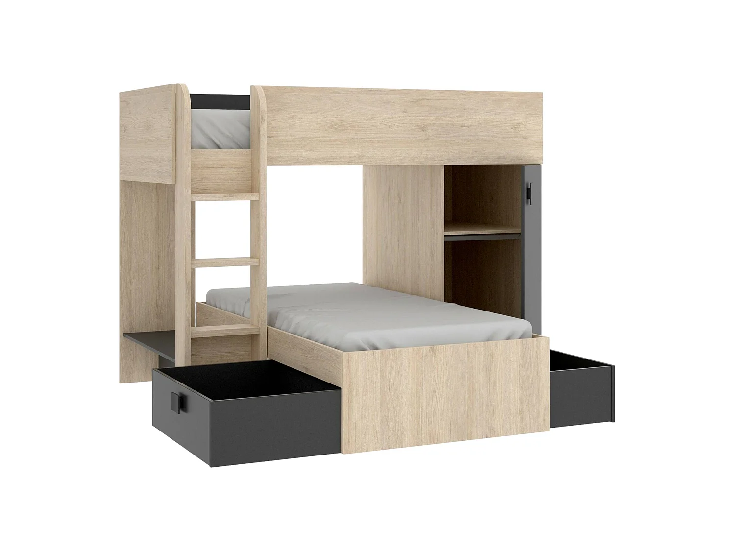 Lit enfant Dguerci, Chambre complète avec armoire et tiroirs, Composition de lits superposés avec deux lits simples, 255x112h150 cm, Chêne et Anthracite