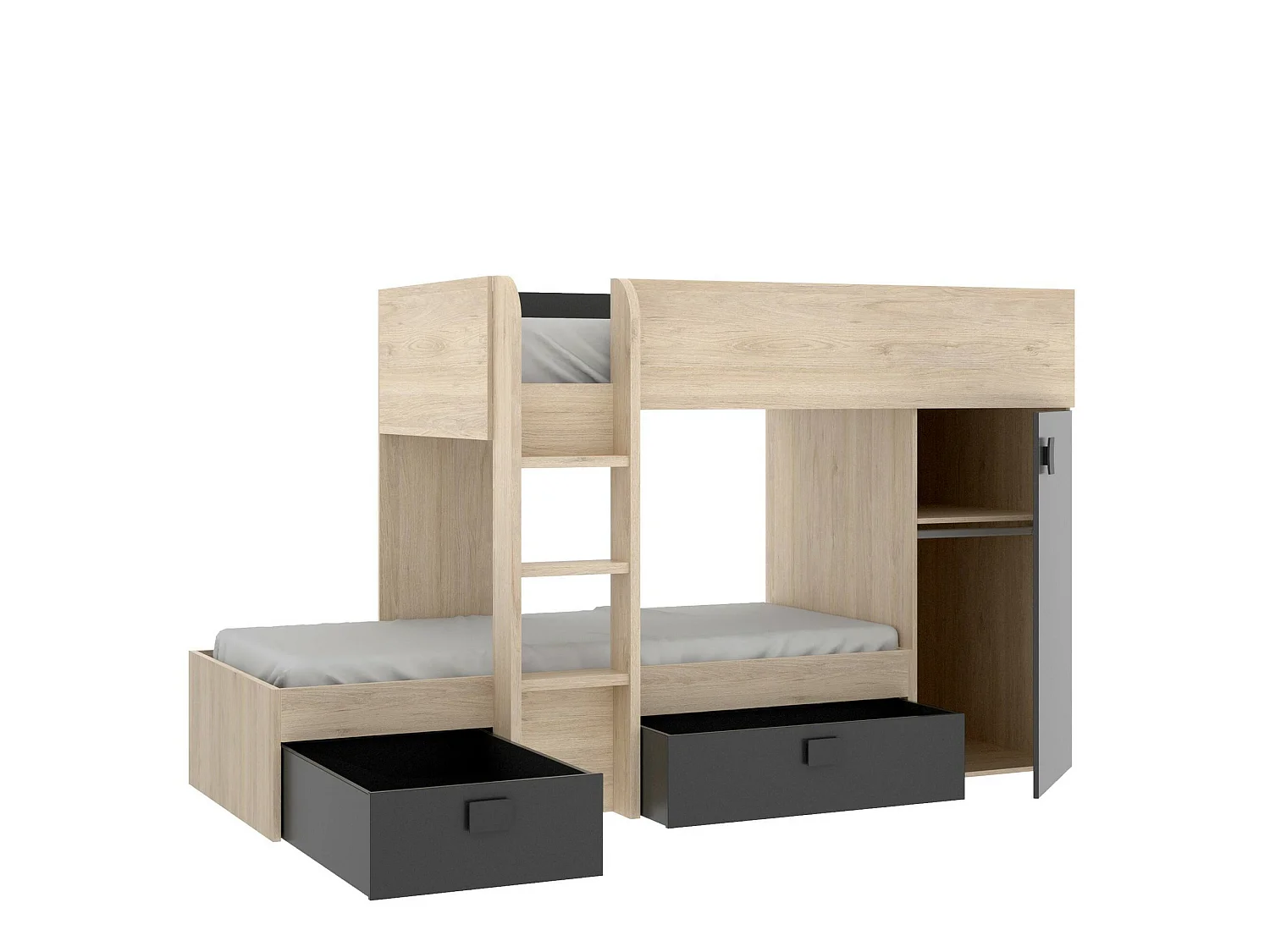Dguerci kinderbed, Complete slaapkamer met kledingkast en laden, Stapelbedsamenstelling met twee eenpersoonsbedden, 255x112h150 cm, Eiken en Antraciet