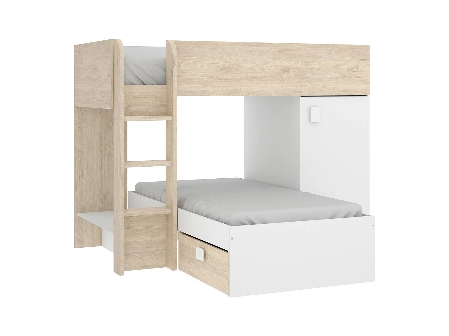 Lit enfant Dguerci, Chambre complète avec armoire et tiroirs, Composition de lits superposés avec deux lits simples, 255x112h150 cm, Blanc et Chêne