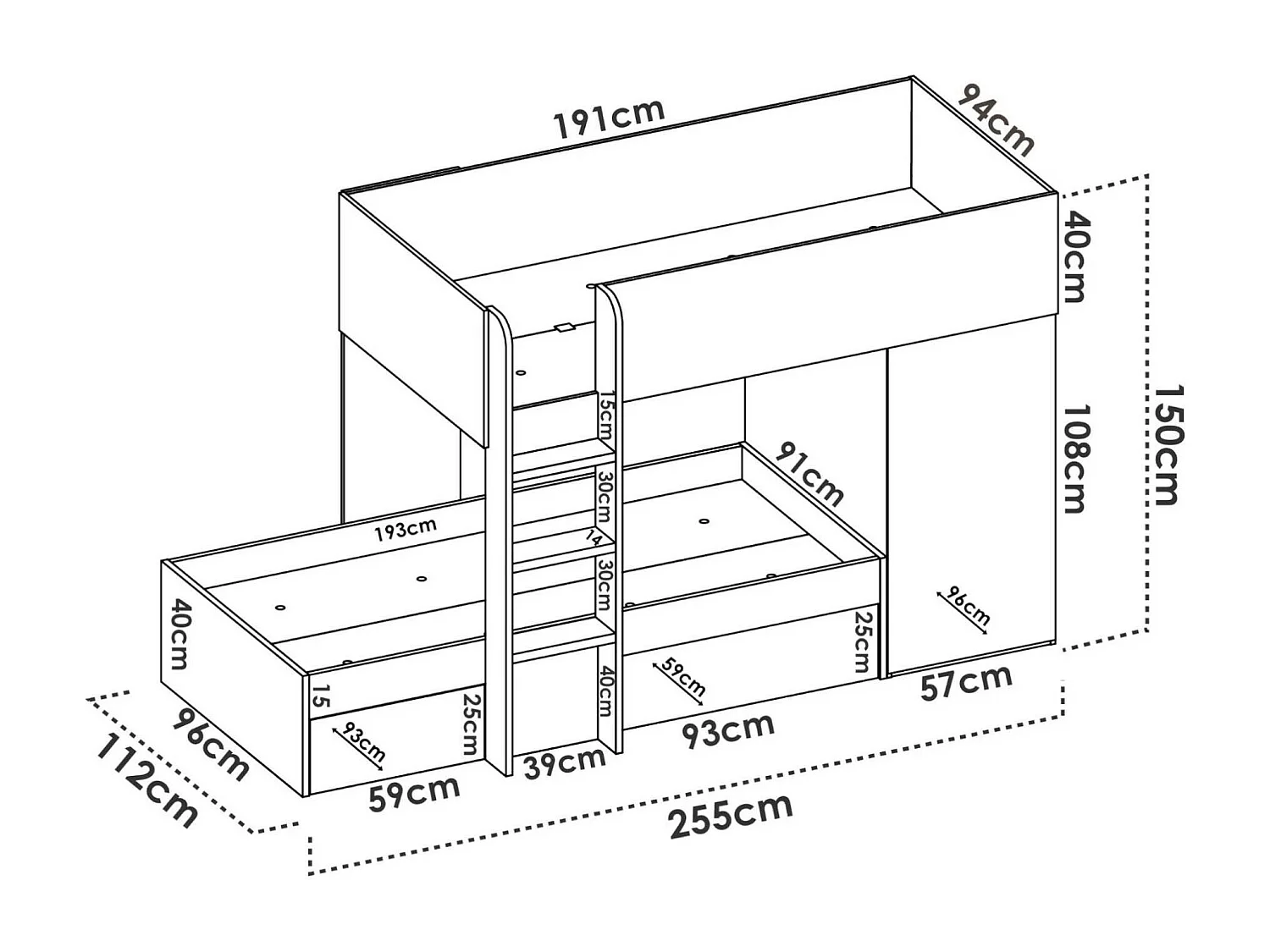 Kinderbett Dguerci, komplettes Schlafzimmer mit Kleiderschrank und Schubladen, Etagenbettkomposition mit zwei Einzelbetten, 255 x 112 x 150 cm, WeiÃŸ und Eiche