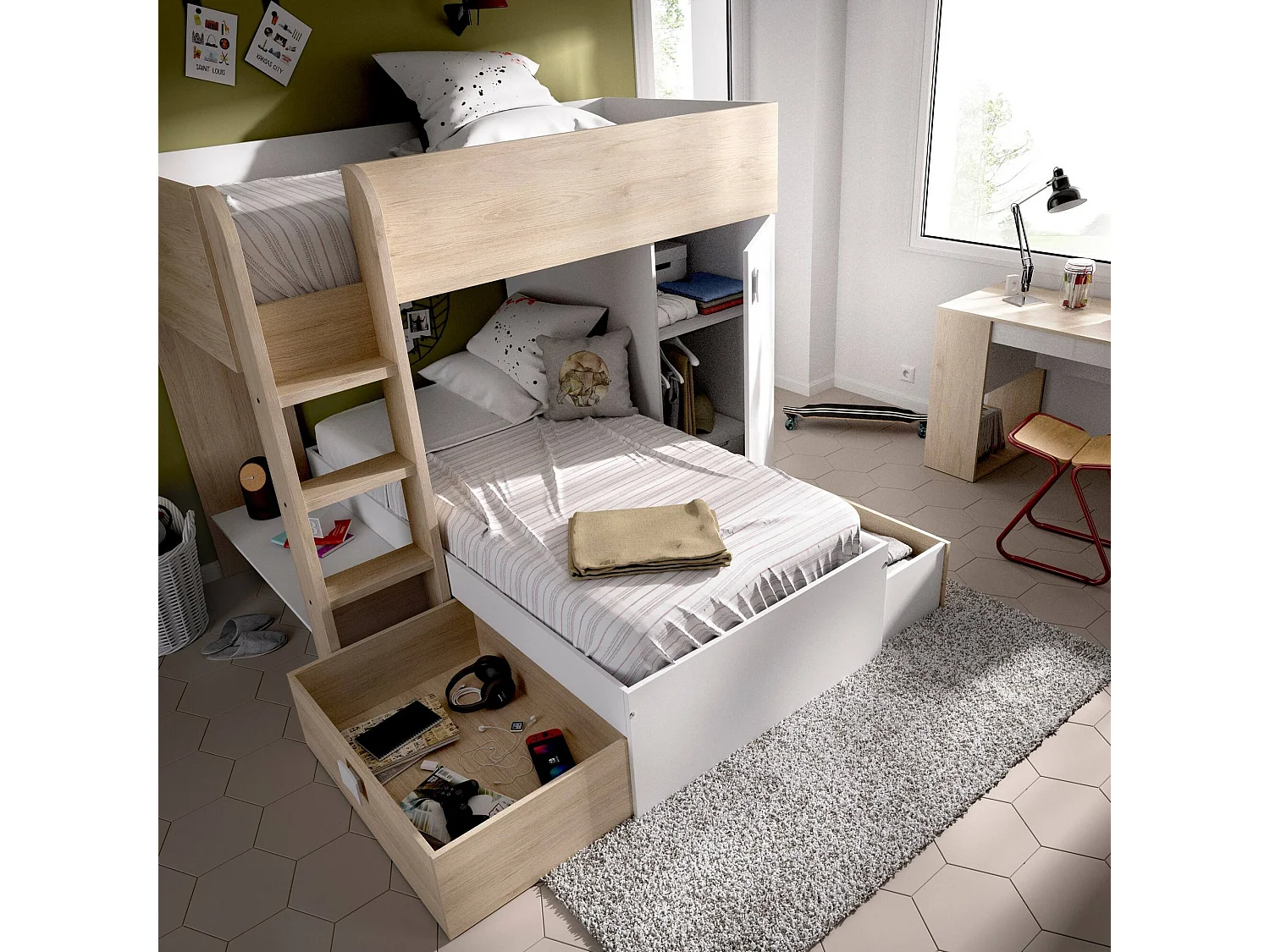 Kinderbett Dguerci, komplettes Schlafzimmer mit Kleiderschrank und Schubladen, Etagenbettkomposition mit zwei Einzelbetten, 255 x 112 x 150 cm, WeiÃŸ und Eiche