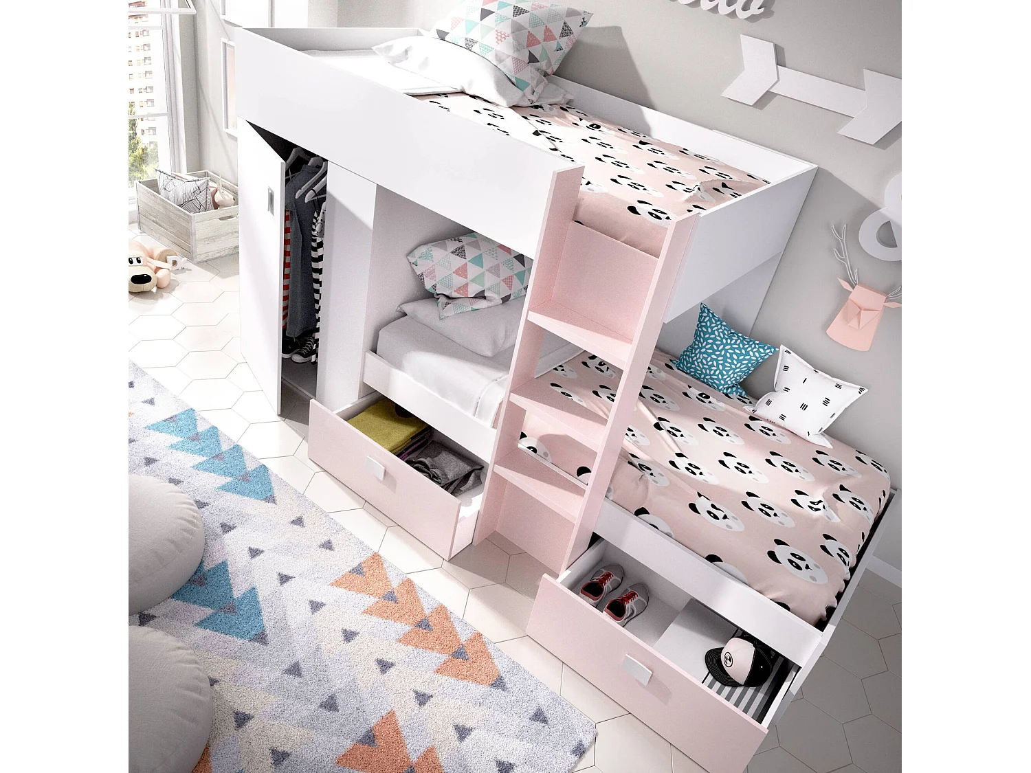 Dbajram kinderbed, Complete slaapkamer met kledingkast en laden, Stapelbedsamenstelling met twee eenpersoonsbedden, 271x111h150 cm, Wit en Roze