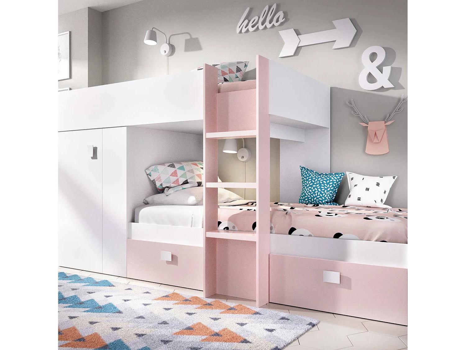 Lit enfant Dbajram, Chambre complète avec armoire et tiroirs, Composition de lits superposés avec deux lits simples, 271x111h150 cm, Blanc et Rose