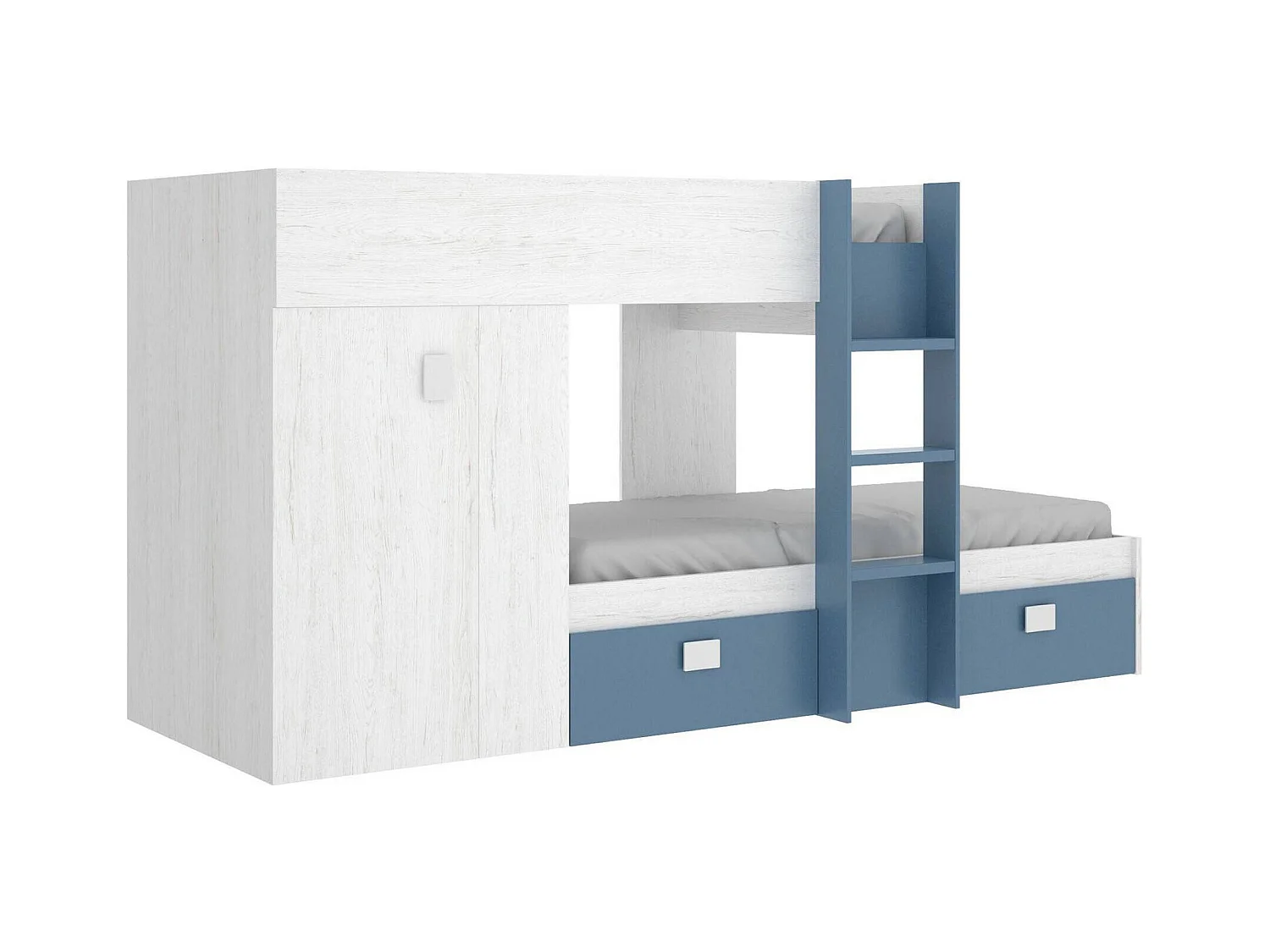 Lit enfant Dbajram, Chambre complète avec armoire et tiroirs, Composition de lits superposés avec deux lits simples, 271x111h150 cm, Blanc et Bleu