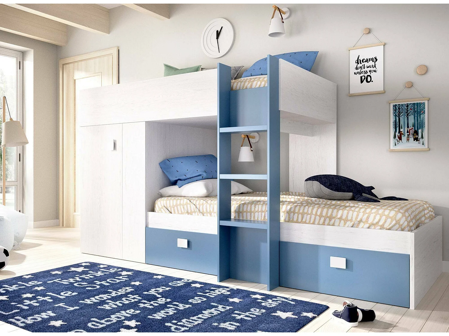 Kinderbett Dbajram, komplettes Schlafzimmer mit Kleiderschrank und Schubladen, Etagenbettkomposition mit zwei Einzelbetten, 271 x 111 x 150 cm, WeiÃŸ und Blau