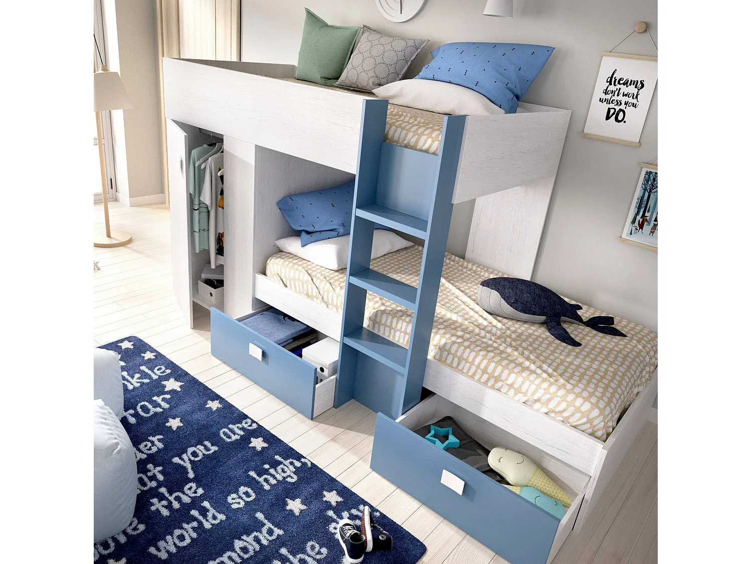 Lit enfant Dbajram, Chambre complète avec armoire et tiroirs, Composition de lits superposés avec deux lits simples, 271x111h150 cm, Blanc et Bleu