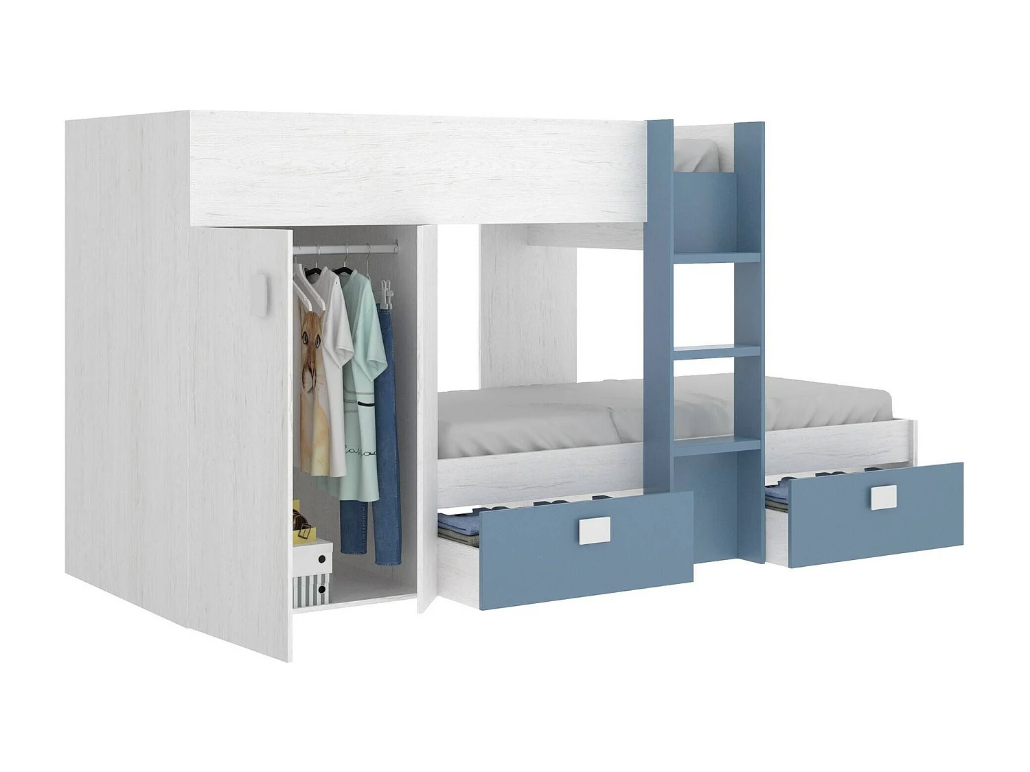 Lit enfant Dbajram, Chambre complète avec armoire et tiroirs, Composition de lits superposés avec deux lits simples, 271x111h150 cm, Blanc et Bleu