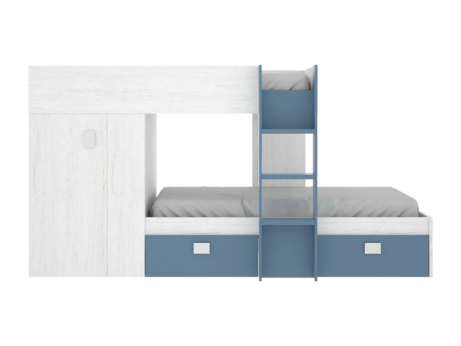 Lit enfant Dbajram, Chambre complète avec armoire et tiroirs, Composition de lits superposés avec deux lits simples, 271x111h150 cm, Blanc et Bleu