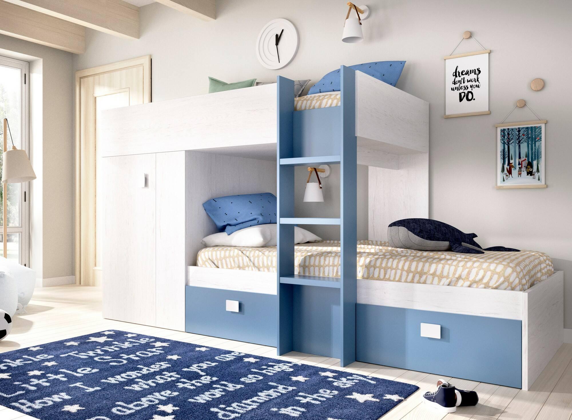 Letto per bambini Dannon, Cameretta completa con armadio e cassetti,  Composizione letto a castello con due lettini singoli, 275x108h150 cm,  Bianco e Rovere