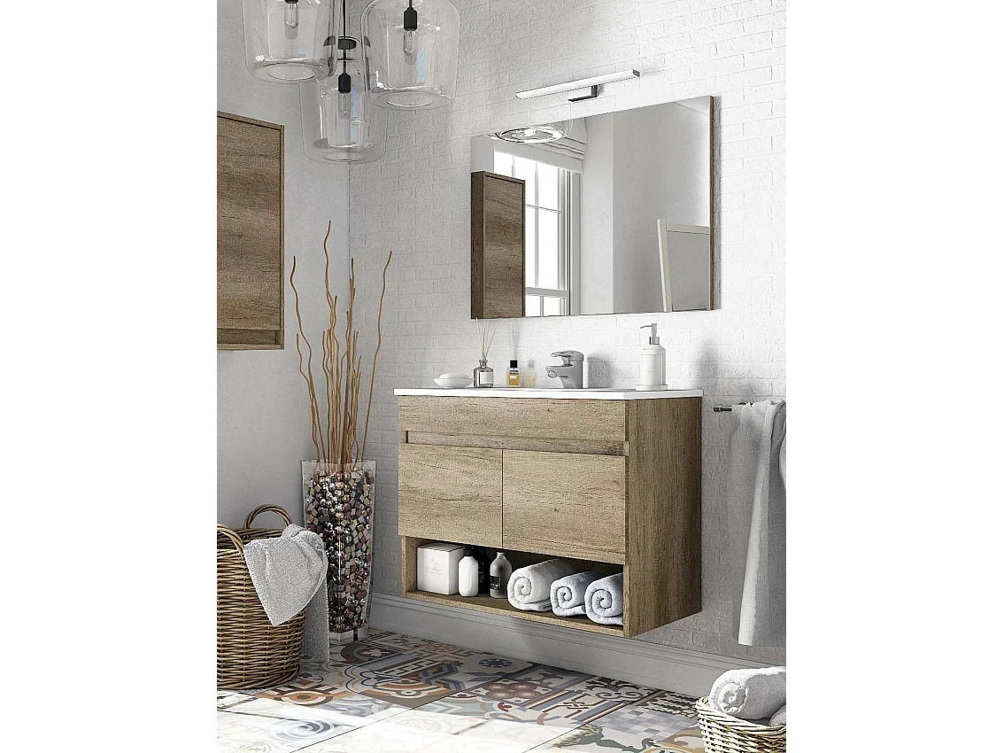 Armario bajo encimera Dmele, mueble de baño de 2 puertas, Mueble suspendido con repisa y espejo, lavabo no incluido, 80x45h64 cm, Roble