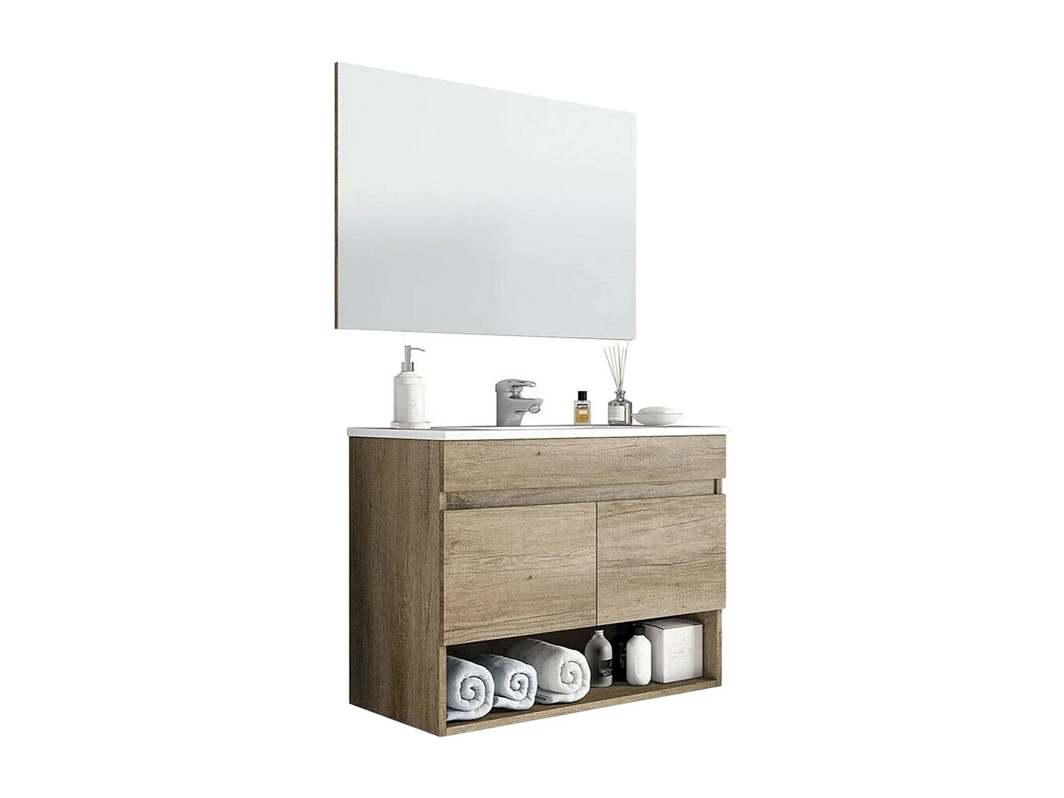 Dmele Meuble sous-vasque, meuble de salle de bain 2 portes, meuble suspendu avec étagère et miroir, évier non inclus, 80 x 45 h 64 cm, chêne