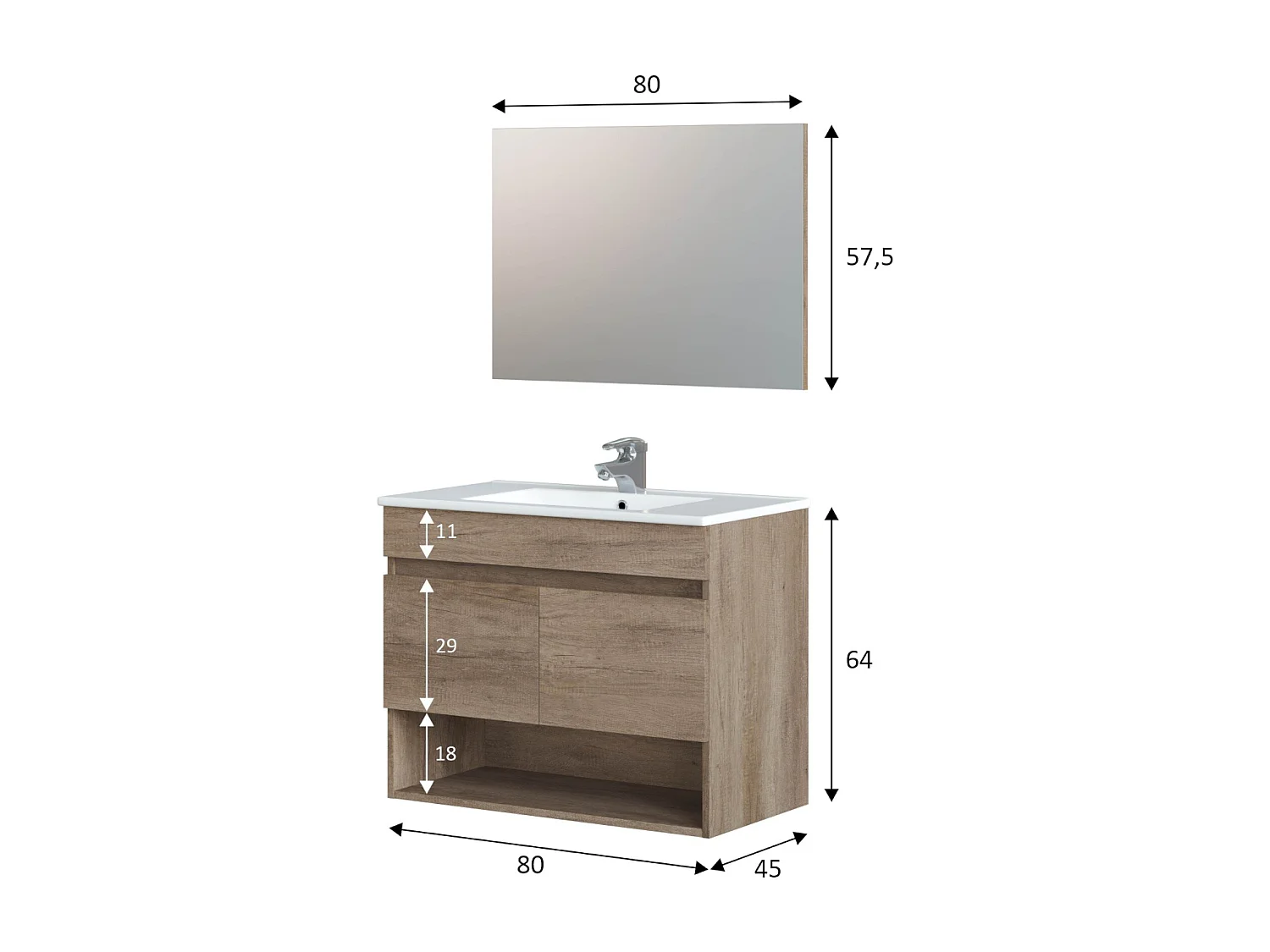 Dmele Meuble sous-vasque, meuble de salle de bain 2 portes, meuble suspendu avec étagère et miroir, évier non inclus, 80 x 45 h 64 cm, chêne
