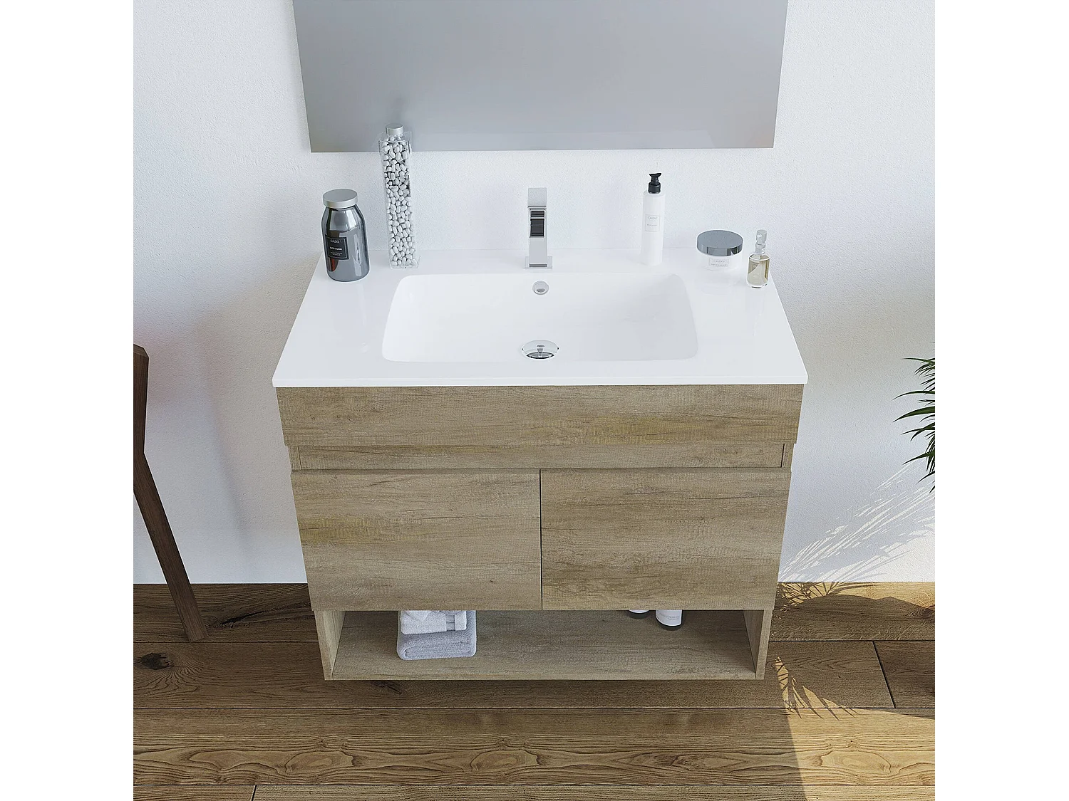 Dmele Meuble sous-vasque, meuble de salle de bain 2 portes, meuble suspendu avec étagère et miroir, évier non inclus, 80 x 45 h 64 cm, chêne