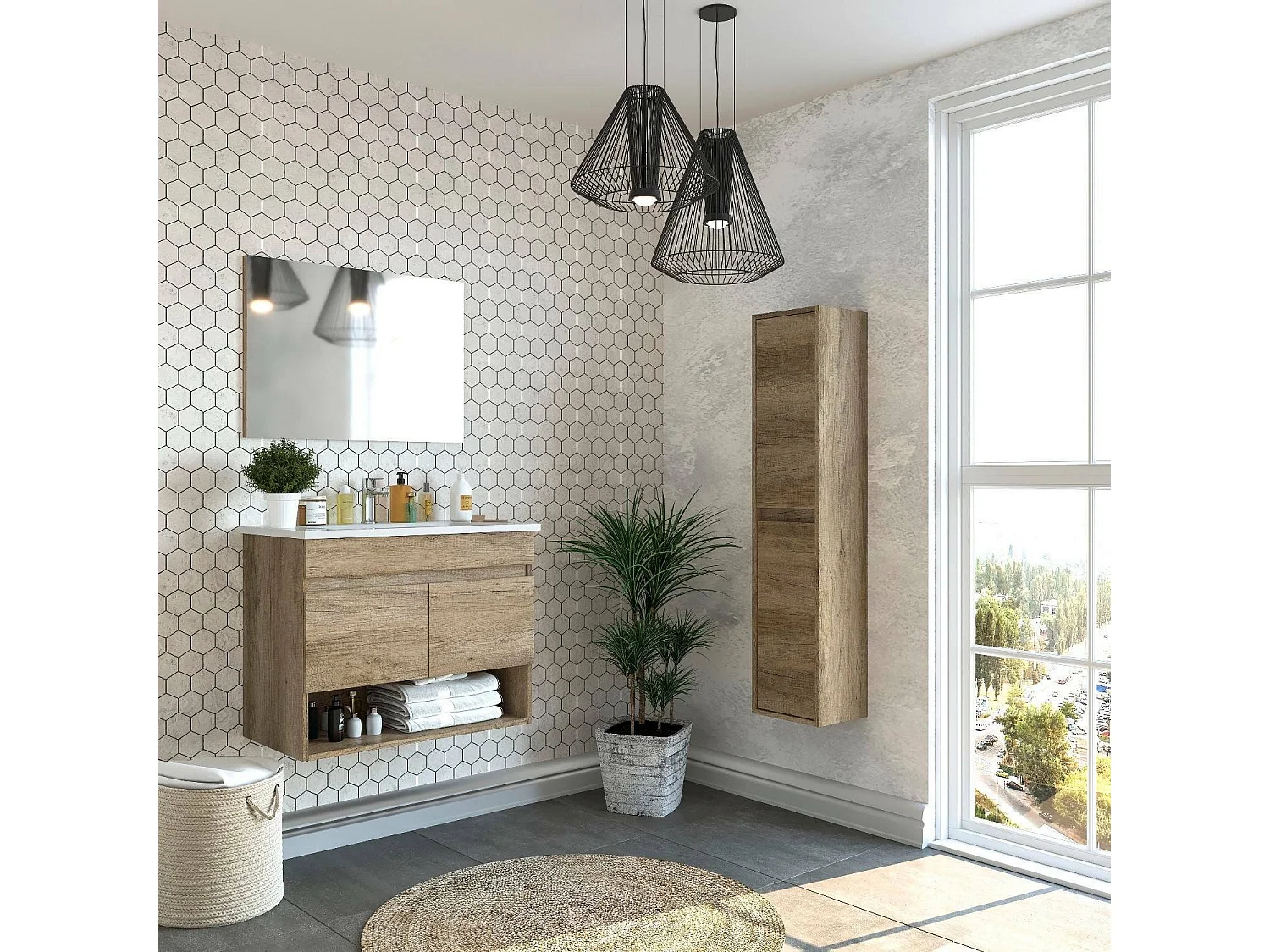 Dmele Meuble sous-vasque, meuble de salle de bain 2 portes, meuble suspendu avec étagère et miroir, évier non inclus, 80 x 45 h 64 cm, chêne