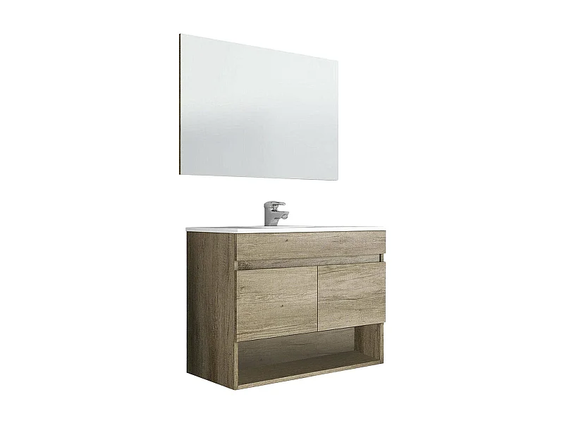 Armario bajo encimera Dmele, mueble de baño de 2 puertas, Mueble suspendido con repisa y espejo, lavabo no incluido, 80x45h64 cm, Roble